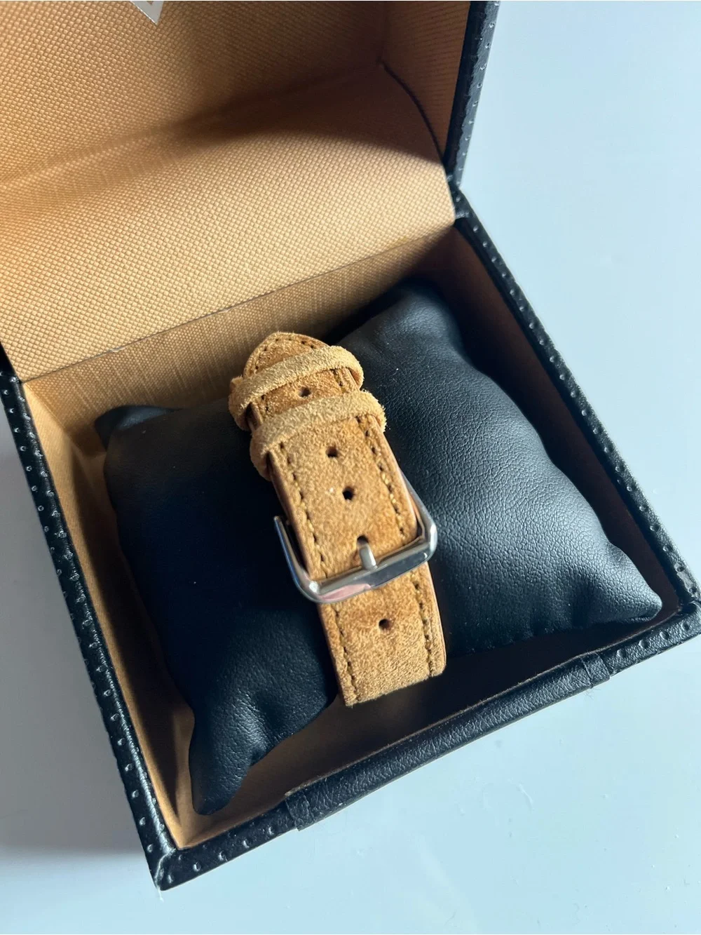 Guess Gold-Tone Watch with Glitter Dial and Tan Strap with Box